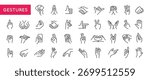 Gestures icons. Large set of gestures trendy minimal icons. Handshake, Thumb, Peace, Fist, Point, Heart, Palm icon. Design signs for web page, mobile app, packaging design. Vector illustration