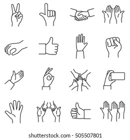 Gesten Symbole gesetzt. Handgesten, dünne Linie Design. Hand in einer anderen Position, lineare Symbolsammlung. einzelne Vektorgrafik.
