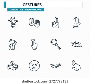 conjunto de ícones de gestos - rosto de coringa, surdo, dois dedos para cima, cílios, gestos esboçar coleção de vetores.