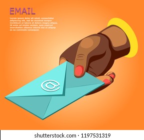 Gestures isometric background with female hand holding letter 3d vector illustration
