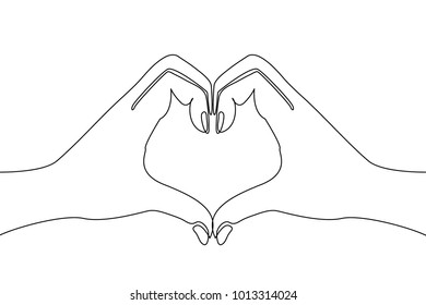 Gestures language. Continuous line drawing. Linear hands which send some emotional message. Loving heart.