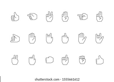 Gestures line icon. Human hands pointing and holding symbols of peace victory devil person palm and fingers vector