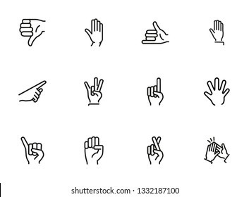 Gestures line icon set. Hand, dislike, pointing with finger, fingers crossed. Body language concept. Can be used for topics like approval, signs, gesturing