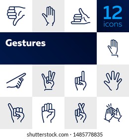 Gestures line icon set. Hand, dislike, pointing with finger, fingers crossed. Body language concept. Can be used for topics like approval, signs, gesturing svg