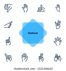 Gestures line icon set. Hand, dislike, pointing with finger, fingers crossed. Body language concept. Can be used for topics like approval, signs, gesturing