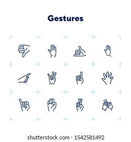 Gestures line icon set. Hand, dislike, pointing with finger, fingers crossed. Body language concept. Can be used for topics like approval, signs, gesturing