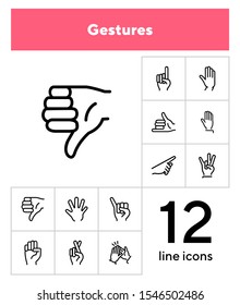 Gestures line icon set. Hand, dislike, pointing with finger, fingers crossed. Body language concept. Can be used for topics like approval, signs, gesturing