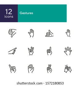 Conjunto de iconos de línea de gestos. Mano, disgusto, señalando con el dedo, los dedos cruzados. Concepto de lenguaje corporal. Se puede utilizar para temas como aprobación, signos, gestos