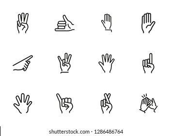 Gestures line icon set. Set of line icons on white background. Finger, hand, signs. Communication concept. Vector illustration can be used for topics like human, connection, gesture system