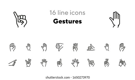 Gestures line icon set. Set of line icons on white background. Finger, hand, signs. Communication concept. Vector illustration can be used for topics like human, connection, gesture system