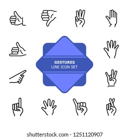 Gestures line icon set. Like, dislike, finger crossed. Gesturing concept. Can be used for topics like hand language, signs, communication svg