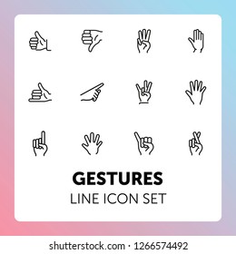 Gestures line icon set. Like, dislike, finger crossed. Gesturing concept. Can be used for topics like hand language, signs, communication