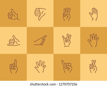Gestures line icon set. Like, dislike, finger crossed. Gesturing concept. Can be used for topics like hand language, signs, communication