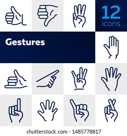 Gestures line icon set. Like, dislike, finger crossed. Gesturing concept. Can be used for topics like hand language, signs, communication