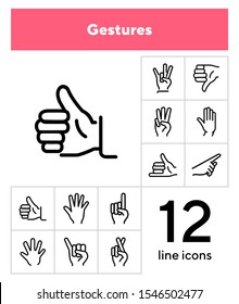 Gestures line icon set. Like, dislike, finger crossed. Gesturing concept. Can be used for topics like hand language, signs, communication