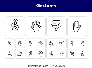 Gestures line icon set. Like, dislike, finger crossed. Gesturing concept. Can be used for topics like hand language, signs, communication