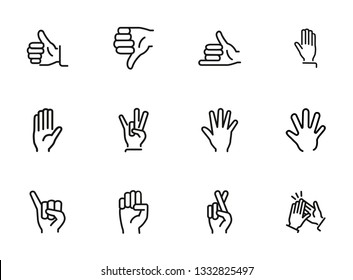 Gestures line icon set. Thumbs up, pointing, ok sign. Gesture concept. Vector illsutration can be used for topics like communication, gesture language, social