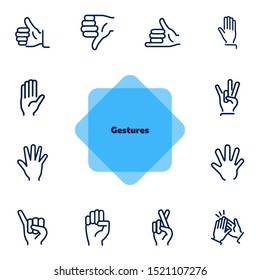 Gestures line icon set. Thumbs up, pointing, ok sign. Gesture concept. Vector illsutration can be used for topics like communication, gesture language, social