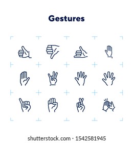 Gestures line icon set. Thumbs up, pointing, ok sign. Gesture concept. Vector illsutration can be used for topics like communication, gesture language, social