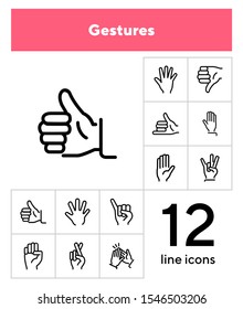 Gestures line icon set. Thumbs up, pointing, ok sign. Gesture concept. Vector illsutration can be used for topics like communication, gesture language, social