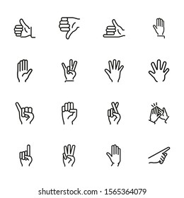 Gestures line icon set. Thumbs up, pointing, ok sign. Gesture concept. Vector illsutration can be used for topics like communication, gesture language, social