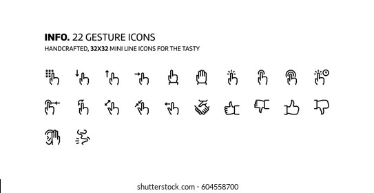 Gestures mini line, illustrations, icons, backgrounds and graphics. The icons pack is black and white, flat, vector, pixel perfect, minimal, suitable for web and print.