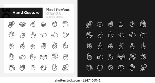 Gestures pixel perfect white linear icon for dark themes set for dark, light mode. Thin line symbols for night, day theme. Isolated illustrations. Editable stroke. Montserrat Bold, Light fonts used