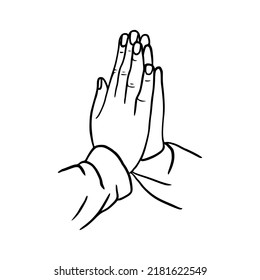Gestos. Orando a la gente. Las manos dobladas para la oración. Recen por Ucrania. Ilustración vectorial de línea aislada en fondo blanco