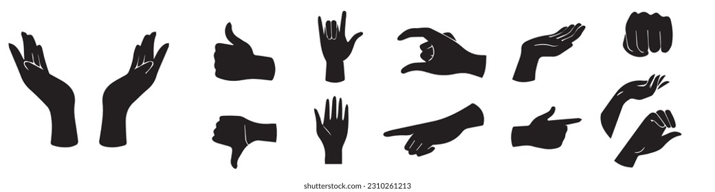Gestos. ¿Un conjunto de manos en diferentes gestos? Silhouettes de manos. Las manos de las mujeres en diversas situaciones. En un fondo blanco aislado. Ilustración del vector.EPS 10