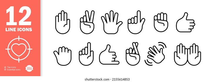 Icono de conjunto de gestos. Saludo, dedo índice, puño, pulgar hacia arriba, mano, palma, etc. Concepto de movimiento. Icono de línea de vector para negocios y publicidad