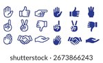 Gestures set icon. Raised fingers, open hands, thumbs, waves, index points, palm displays, and communication hand signs in minimal outline showing pack of different hands gestures and signs set. EPS10