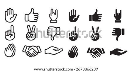 Gestures set icon. Raised fingers, open hands, thumbs, waves, index points, palm displays, and communication hand signs in minimal outline showing pack of different hands gestures and signs set. EPS10