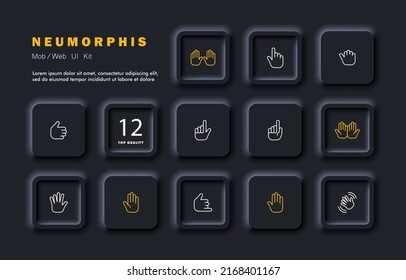 Gestures Set Icon. Two Palms, Index Finger, Cursor, Fist, Thumb Up, Book Open Gesture, Greeting, Hand Waving. Deaf Mute Concept. Neomorphism Style. Vector Line Icon For Business And Advertising