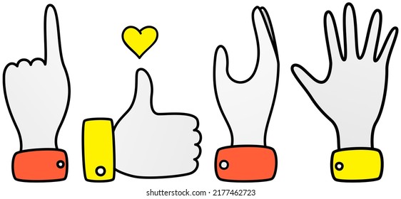 Gestures set symbol of direction indication, ok sign, greeting hand. Hand with pointing finger. Man showing gesture of pointing to something. Human palm gesturing well. Person makes choise and shows