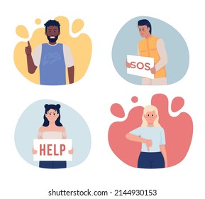 Gestures and signs 2D vector isolated illustrations set. Emotions flat characters on cartoon background. Colourful scenes collection for mobile, website, presentation. Bebas Neue, Quicksand fonts used