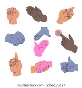 Gestos y signos, forma aislada de pareja o de gente de negocios. El puño apretado y el brazo levantado, el dedo apuntado y la campana conmovedora para que suene, golpee y dé. Sube la aprobación. Vector en plano