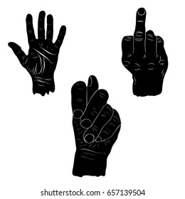 Gestures silhouette hand. Vector black vintage engraved illustration, isolated on white background. Hand sign for website, poster, information graphics