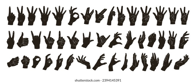 Silhouettes de gestos. Señales de manos humanas, bien, paz, corazón, posición de llamada. Las palmas de la mano del dibujo muestran un conjunto de ilustraciones vectoriales planas. Silhouettes de señas de mano