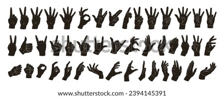 Gestures silhouettes. Human hands signs, okay, peace, heart, call position. Cartoon hand palms gestures flat vector illustration set. Hands signs silhouettes