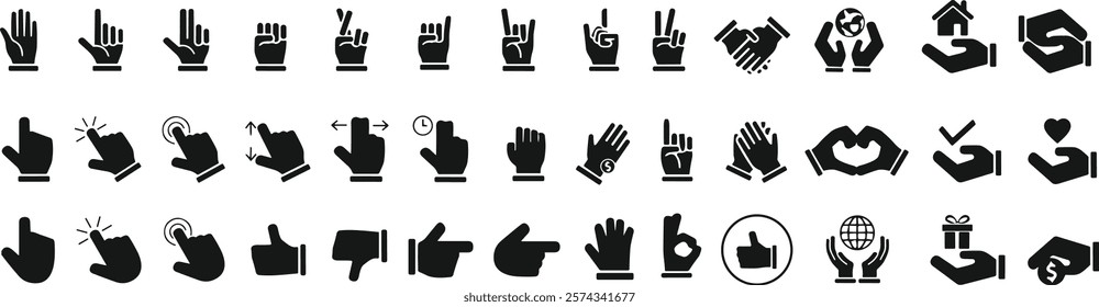 Gestures silhouettes set. Human hands signs, okay, peace, heart, call position, gift giving. Cartoon hand palms gestures flat vector illustration.