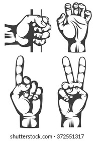 Gestures in stamp style. Pointing finger, grabs hand, victory gesture, holding stick.