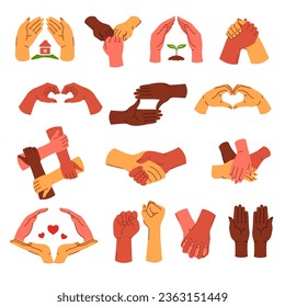 Gestures and symbols formed with hands. Isolated icon of people showing unity, love and protection, support and fight, clenched fist and palm. Signs and gesturing characters. Vector in flat style