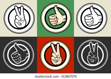 Gestures Thumb up and Victory emblem set. Colorful illustration.