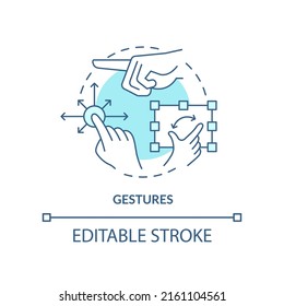 Icono de concepto de gestos turquesa. Ilustración de línea delgada de idea abstracta de medición conductual. Reconocimiento de movimientos de mano. Dibujo de contorno aislado. Trazo editable. Fuentes Arial, Myriad Pro-Bold utilizadas