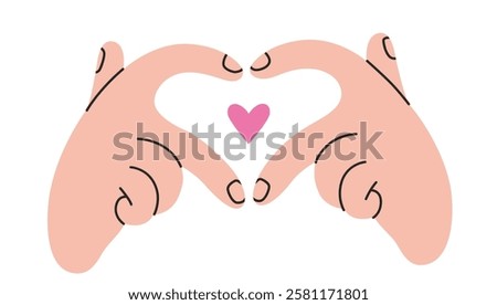 Gestures, two Hands making Heart shape with the index and middle fingers, love sign. Gesturing human arms. Trendy modern vector illustration isolated on white background, hand drawn, flat design