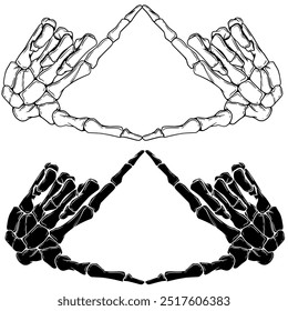 Gestures of two skull hands skeleton together making triangle shape. Triangle sign hand skeleton hand Vector illustration isolated on white background.