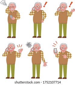 Gestures of various variations of elderly men using smartphones