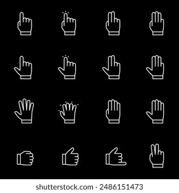 Gestures, white line icons. digital interaction gestures, cursor. Symbols on black background. Editable stroke.