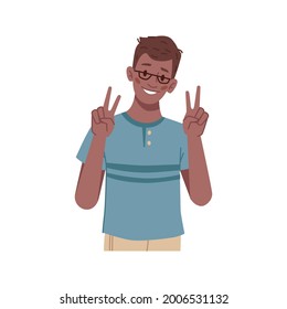 Gesturing boy showing victory or peace sign, isolated schoolkid wearing glasses. Symbol of success and winning, expressive student or pupil. Preteen kiddo. Flat style cartoon character vector