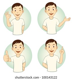 Gesturing cartoon man mascot in various poses for presentation